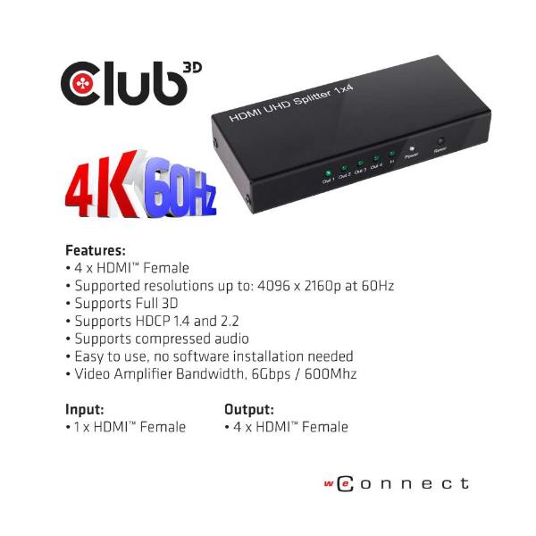 Image of CLUB3D HDMI 4K60HZ 2.0 UHD SPLITTER 4P. CSV-1380